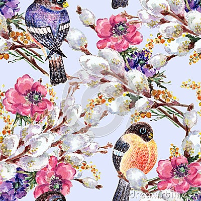 Watercolor flowers, willow with bird Bullfinch. Floral seamless pattern on a blue background. Cartoon Illustration