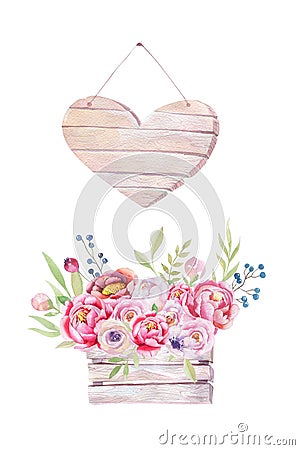 Watercolor flowers wooden box. Hand-drawn chic vintage garden ru Cartoon Illustration