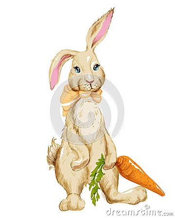 Watercolor fluffy bunny with bow tie holding big carrot Vector Illustration