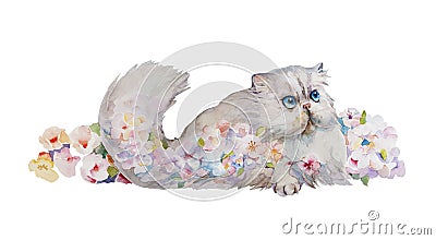 Watercolor fluffy persian gray cat with blue eyes in a heap of flowers, original illustration isolated on white Cartoon Illustration