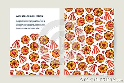 Watercolor flyer template with cookies and decor elements. Cartoon Illustration