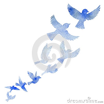 Watercolor flying birds silhouettes Stock Photo