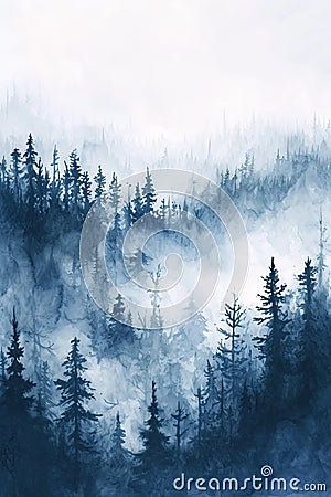 Watercolor foggy forest landscape illustration. Generative AI Cartoon Illustration