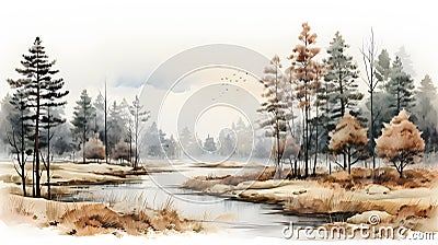 Watercolor foggy forest landscape illustration. Wild nature in wintertime. Cartoon Illustration