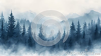 Watercolor foggy forest landscape illustration. Wild nature in wintertime. Cartoon Illustration