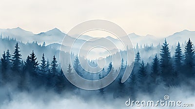 Watercolor foggy forest landscape illustration. Wild nature in wintertime. Cartoon Illustration