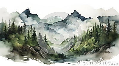 Watercolor foggy forest landscape illustration. Wild nature in wintertime. Cartoon Illustration