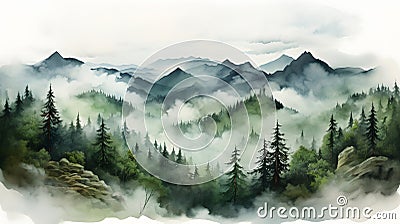 Watercolor foggy forest landscape illustration. Wild nature in wintertime. Cartoon Illustration