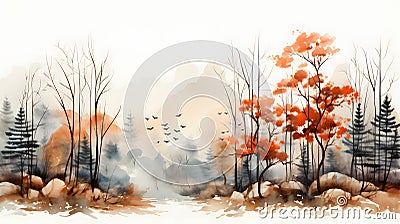 Watercolor foggy forest landscape illustration. Wild nature in wintertime. Cartoon Illustration