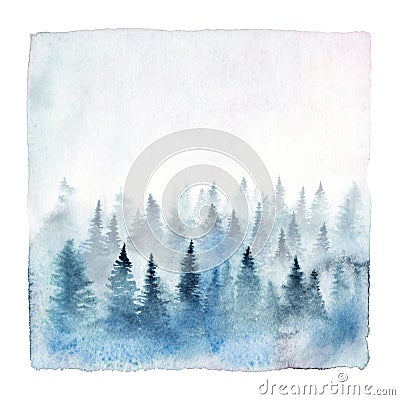 Watercolor foggy forest Stock Photo