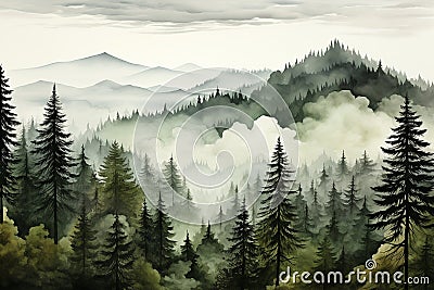 Watercolor foggy spruce pine forest winter scenery watercolor AI generated Stock Photo