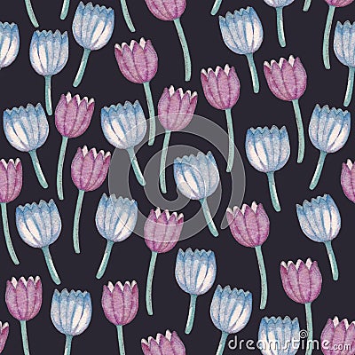 Watercolor folk flowers seamless pattern, wildflowers background, green leaves, ornamental backdrop, bluebells, dark Stock Photo