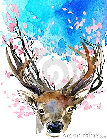 Watercolor Forest Deer and spring pink blossom branch. Stock Photo