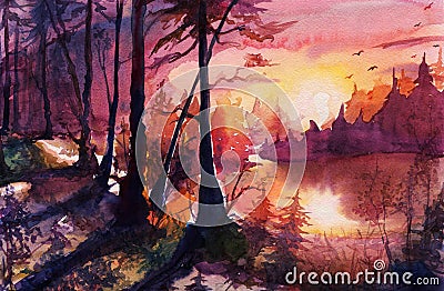 Watercolor forest landscape painting, beautiful abstract drawing art with sunset, sunrise, autumn, hand drawn fantasy art with nat Stock Photo