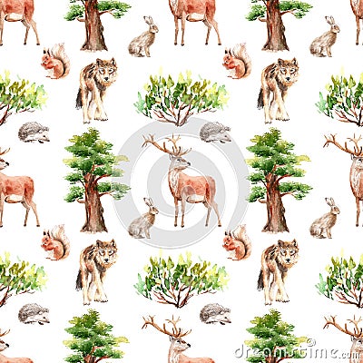 Watercolor forest seamless pattern with animals and plants Stock Photo