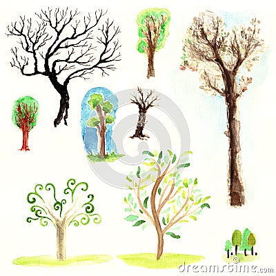 Watercolor forest trees brown wood outlines leaves branches plants green spring nature set isolated Stock Photo