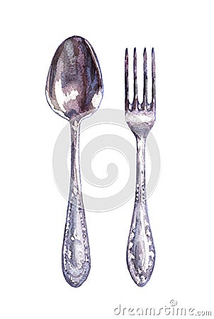 Watercolor fork and spoon Cartoon Illustration