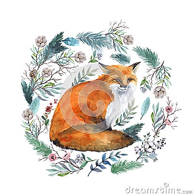 Watercolor fox with pink flowers set on the white background, Watercolor garden hobby Stock Photo