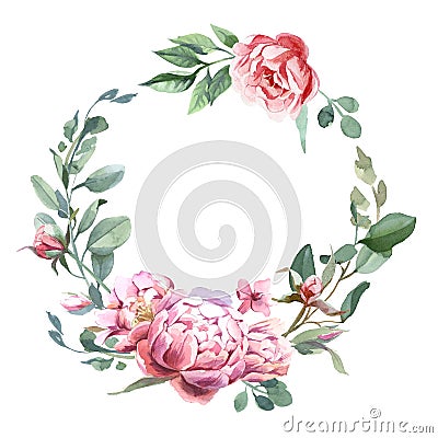 Watercolor frae of peony and blosom flowers isolate in white background for wedding, invitation, valentine cards and prints Cartoon Illustration