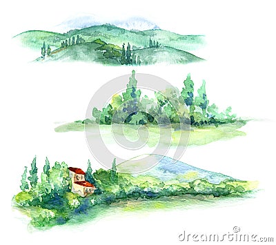 Watercolor Fragments of Rural Scene with Hills and Trees Stock Photo