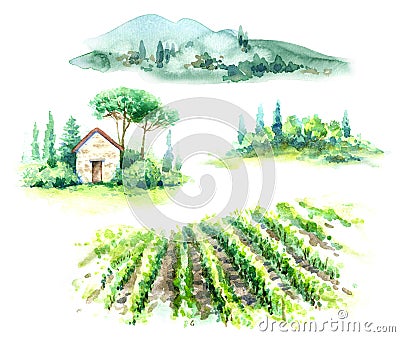 Watercolor Fragments of Rural Scene with Hills, Vineyard and Trees Stock Photo
