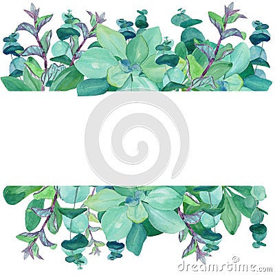 Watercolor frame of baby blue eucalyptus and mint Stock Photo