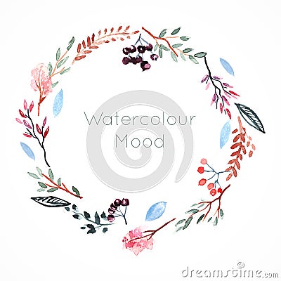 Watercolor frame with berries and flowers Vector Illustration