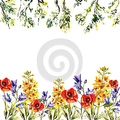 Watercolor frame of bluebells, puppies, eremuruses, leaves, brunches of trees Stock Photo