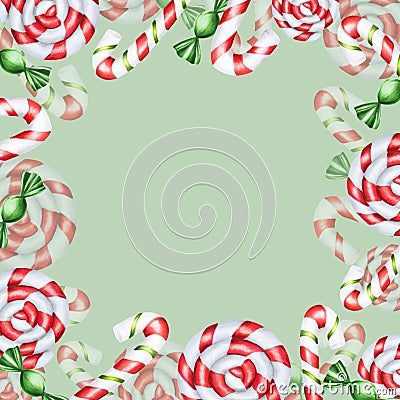 Watercolor frame with christmas candy canes illustration. New year hand painting lollipop clip art isolated on white Cartoon Illustration