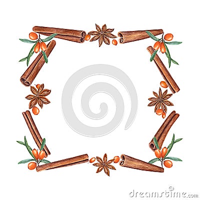 Watercolor frame of cinnamons, star anise, sea buckthorn isolated on white. Christmas and New Year illustration of orange berries Cartoon Illustration
