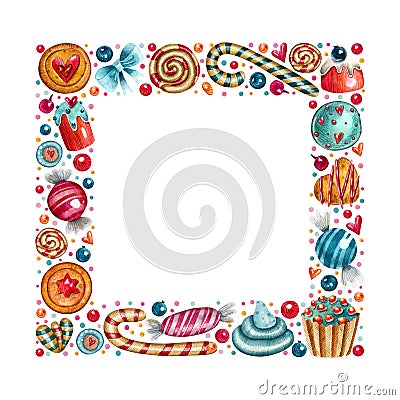 Watercolor frame with cookies, lollipops, confectionery Stock Photo