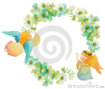 Watercolor frame with cute angels and flowers. Spring decor, church holiday background, baby birthday decoration. Stock Photo