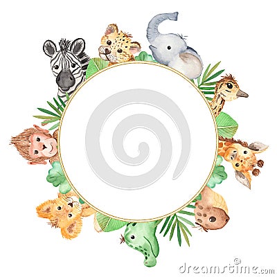 Watercolor frame with cute cartoon animals of Africa. Stock Photo