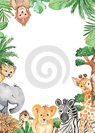 Watercolor frame with cute cartoon animals of Africa. Stock Photo