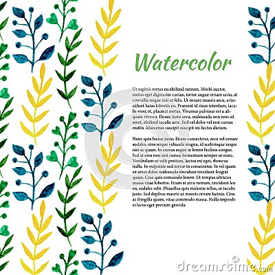 Watercolor frame with cute leaves. Floral background. Vector template Vector Illustration