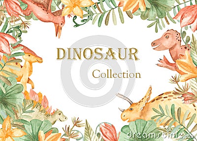 Watercolor frame with dinosaurs and pre-historical plants. Stock Photo