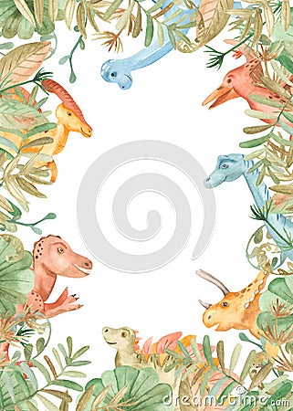 Watercolor frame with dinosaurs and pre-historical plants. Stock Photo