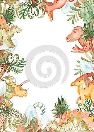 Watercolor frame with dinosaurs and pre-historical plants. Stock Photo