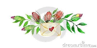 Watercolor frame of flower buds - roses, crox with leaves and envelope o Stock Photo