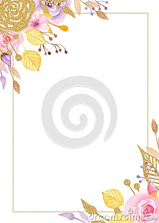 Watercolor frame with flowers, roses, leaves, golden plants. Stock Photo