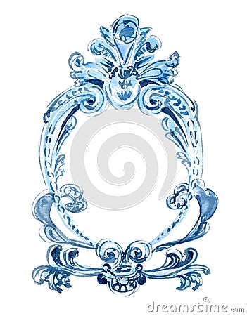 Watercolor frame for image or text. Cerulean blue bohemian ornament of oval shape. Thank you card template. Isolated Cartoon Illustration
