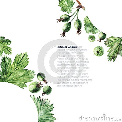 Watercolor frame with the image of twigs, leaves and berries of ripe gooseberries Stock Photo