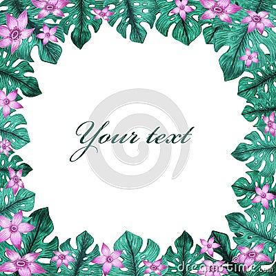 Watercolor frame for lettering ang invitation. Flowers and leaves Stock Photo