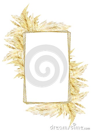 Watercolor frame pampas graas for design boho and modern style, feathery flower head plumes for wedding invintation, baby shower Stock Photo