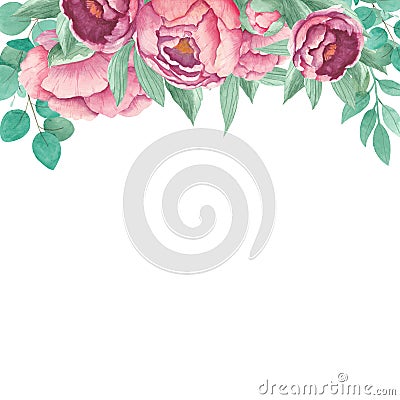 Watercolor frame peony flowers leaves branches of eucalypt isolated on white background. Border Hand drawn. Arrangement Stock Photo