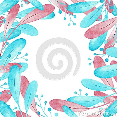 Square frame of pink and blue leaves isolated on white background. Watercolor illustration Stock Photo