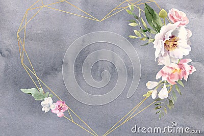 Watercolor frame with roses freesias and golden elements Stock Photo