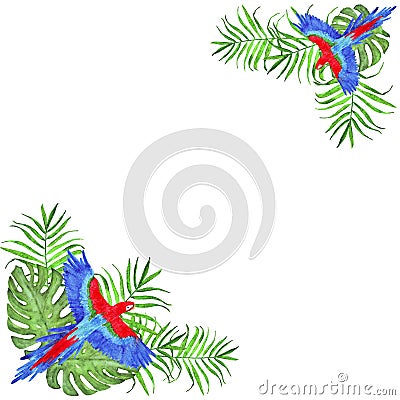 Watercolor frame tropical parrot macaw palm leaves and monstera bird Stock Photo