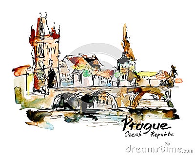 Watercolor freehand sketch drawing of Prague Czech Republic top Vector Illustration