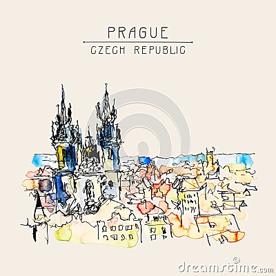 Watercolor freehand sketch drawing of Prague Czech Republic top Vector Illustration